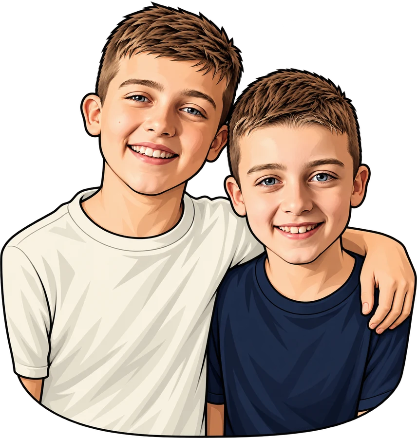 Fos en Olaf, de twee broers achter 3DBROERS, als vrolijke cartoon