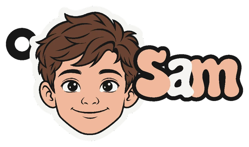 Voorbeeld: een nametag met een jongensgezicht en de naam Sam